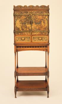 The Friends contributed £2,000 in 1985 towards a music cabinet and stand (c. 1889) designed by William Arthur Smith Benson and George Heywood Maunoir Sumner. This piece may have been made by Morris & Co., for whom Benson worked as a designer. The subject of the decoration by Sumner is the ancient Greek bard Orpheus charming the animals. It is executed in the unusual technique of wax stopping.